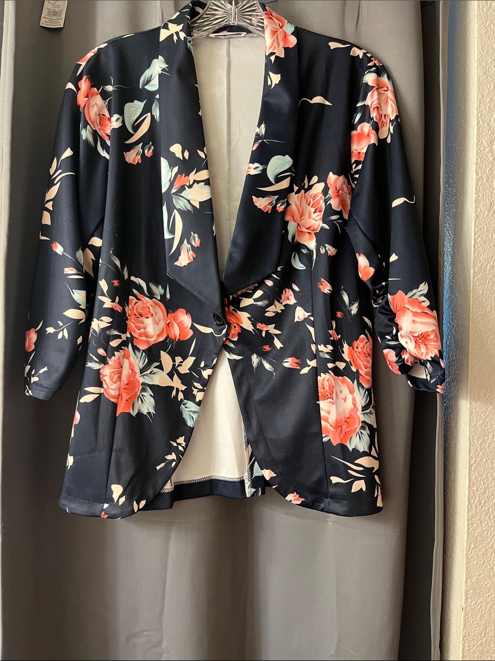 Floral Open-Front Blazer Jacket - Black with Coral Roses